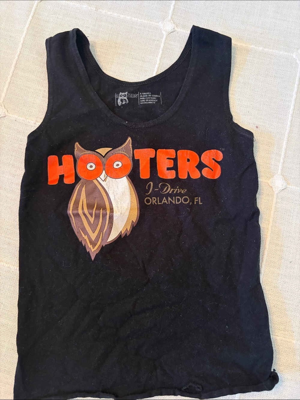 Hooters Black Tank Top with Orange Logo and Brown Owl